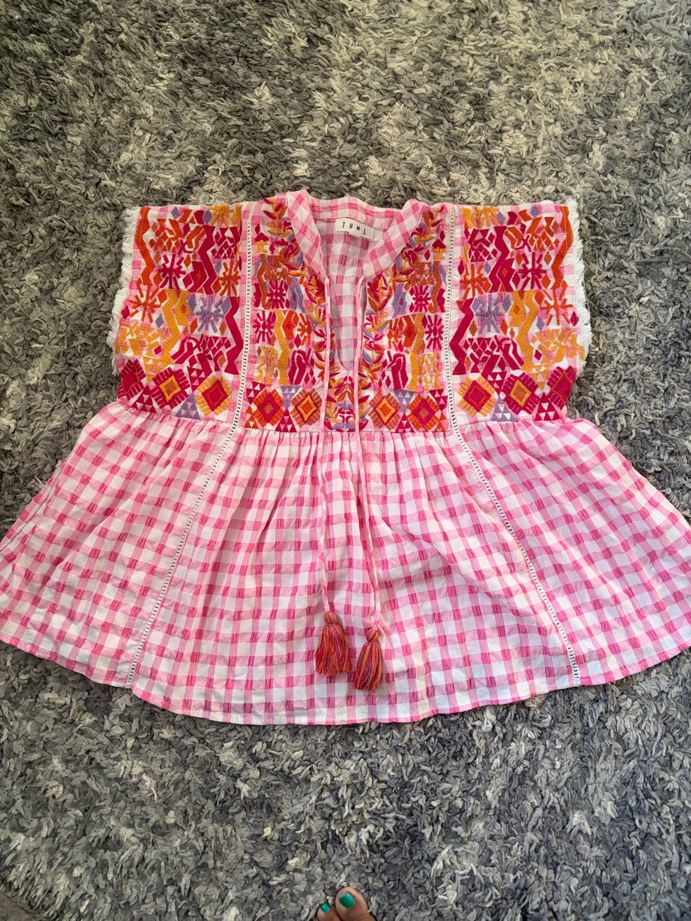 THML Anthropologie Women's Embroidered Gingham Tunic Top Sz XS